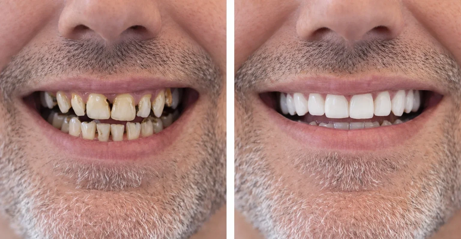 Before and after dental transformation showing improved smile